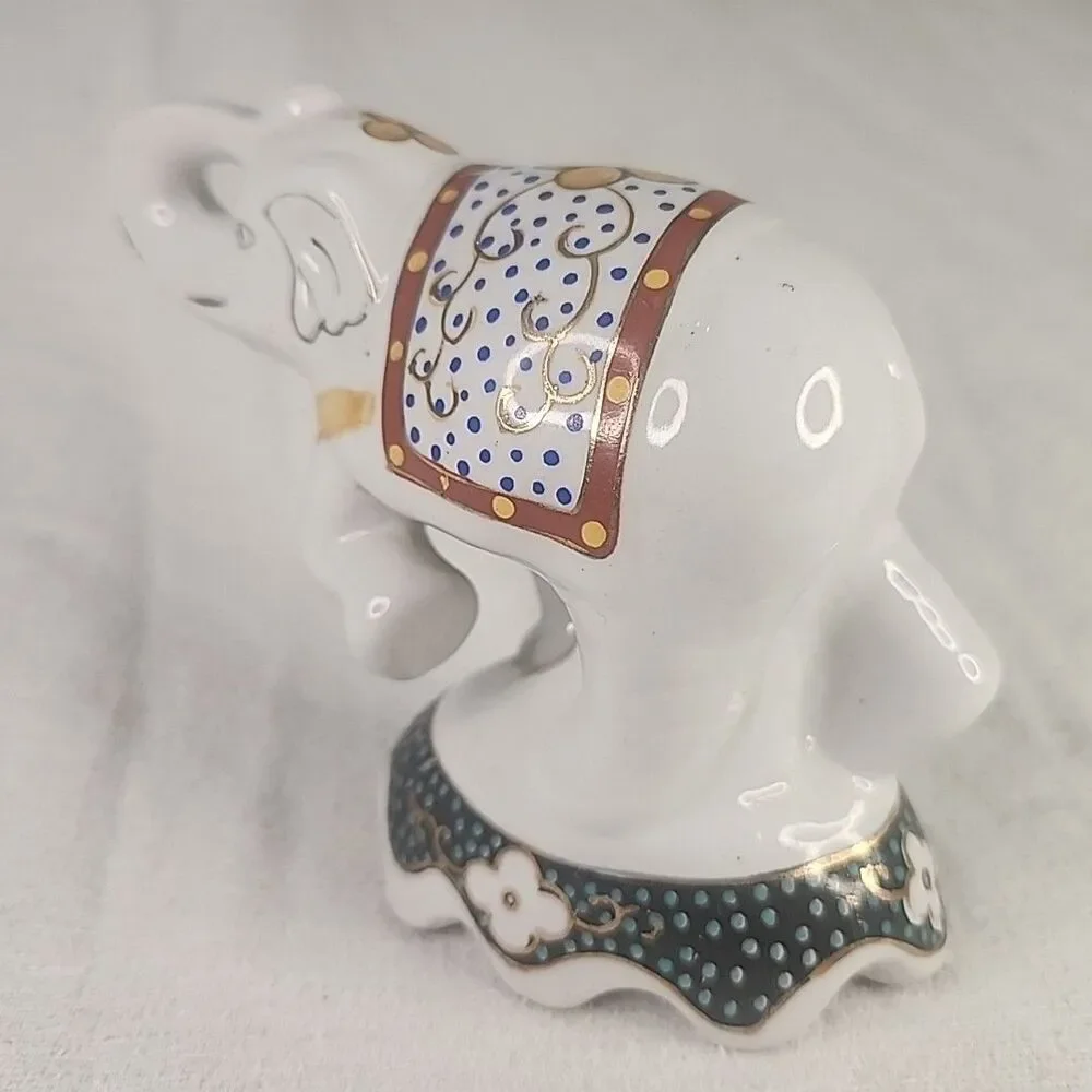 Elephant White Blue Floral Blanket Gold Accent Ceramic Figurine 4 1/2